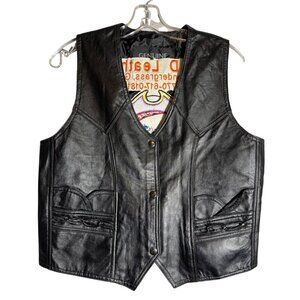 Mens Black Genuine Leather Vest With Skull Embroidery & Button Front - Size m